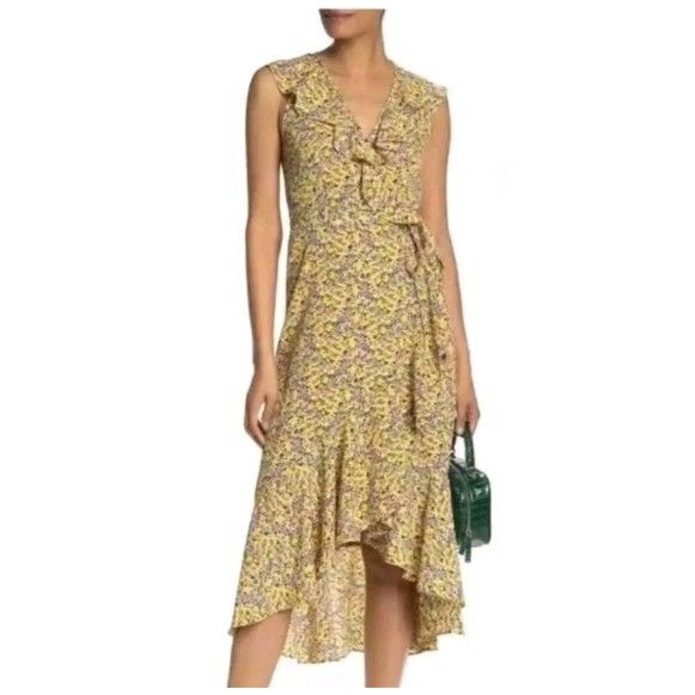 NWT Max Studio Yellow Floral Wrap Midi Dress Sleeveless Ruffle Small $128